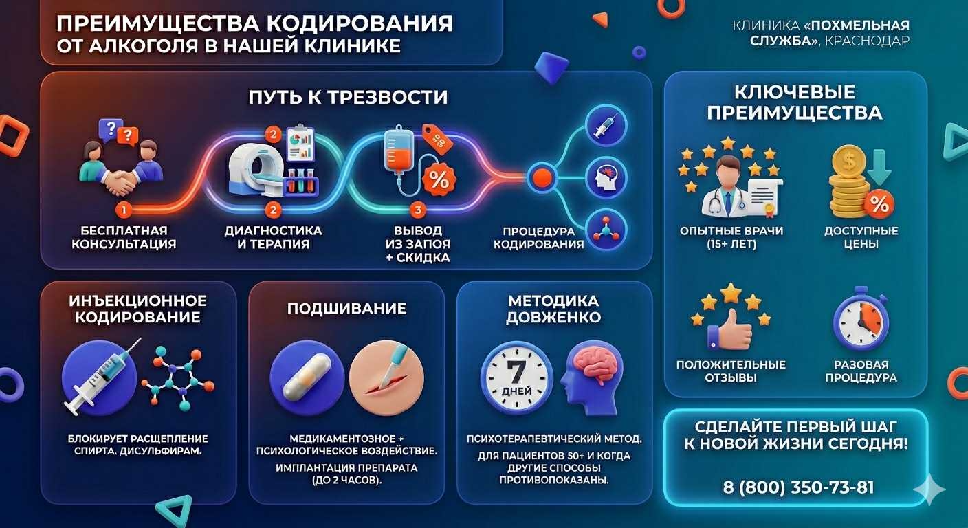 Инфографика о методах кодирования от алкоголя в Кировграде: инъекции, подшивание, метод Довженко. Преимущества клиники и этапы лечения.
