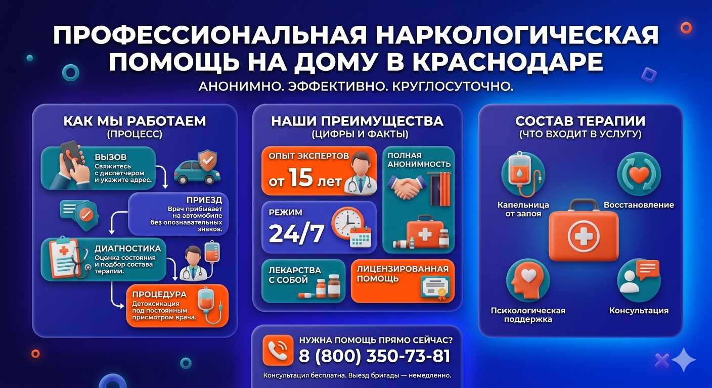 Инфографика о принципах лечения алкоголизма на дому в Кировграде: этапы вызова нарколога, преимущества анонимной детоксикации и состав медицинской помощи.